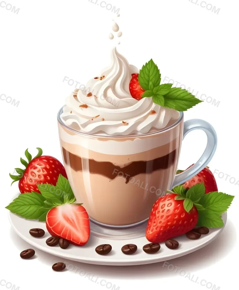 A Cup Of Hot Chocolate Topped With Whipped Cream And Fresh Strawberries Surrounded By More Strawberries And Mint Leaves 80 9a2a