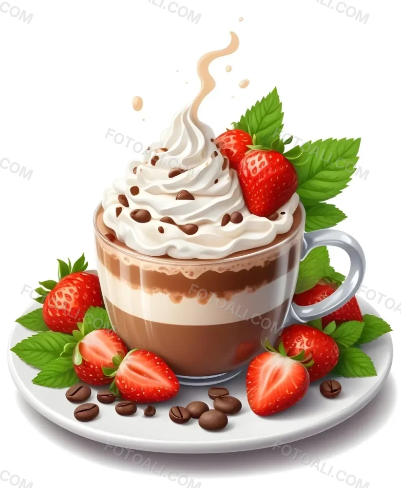 A Cup Of Hot Chocolate Topped With Whipped Cream And Fresh Strawberries Surrounded By More Strawberries And Mint Leaves 88 4d93