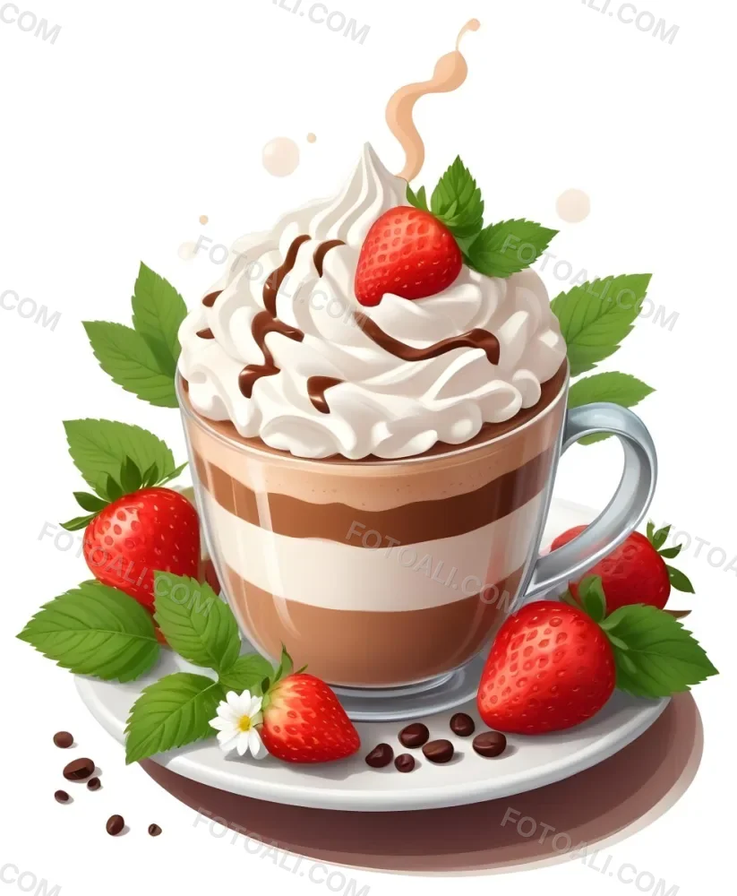 A Cup Of Hot Chocolate Topped With Whipped Cream And Fresh Strawberries Surrounded By More Strawberries And Mint Leaves 89 B500