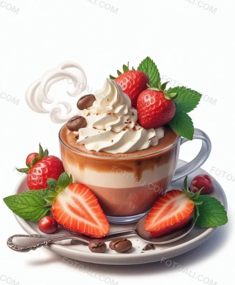 A Cup Of Hot Chocolate Topped With Whipped Cream And Fresh Strawberries Surrounded By More Strawberries And Mint Leaves 9 8b27