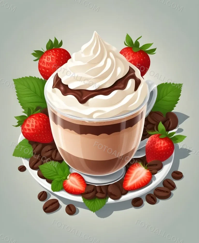 A Cup Of Hot Chocolate Topped With Whipped Cream And Fresh Strawberries Surrounded By More Strawberries And Mint Leaves 90 17d4