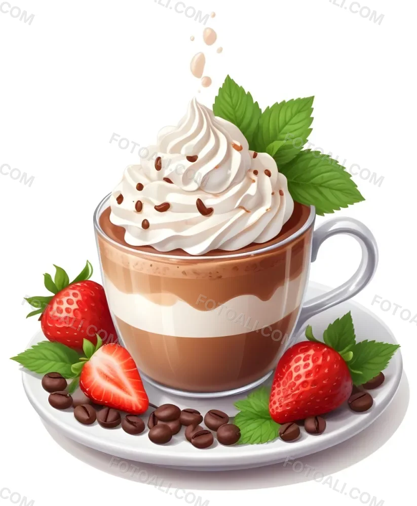 A Cup Of Hot Chocolate Topped With Whipped Cream And Fresh Strawberries Surrounded By More Strawberries And Mint Leaves 92 Af6f