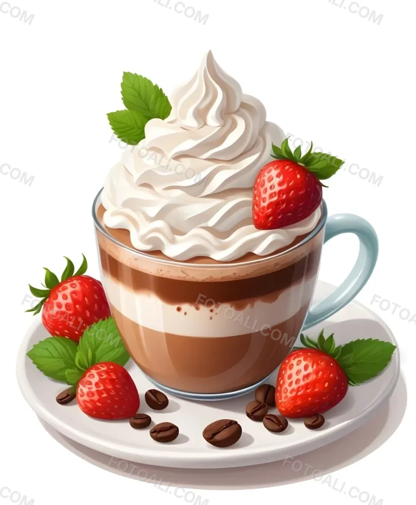 A Cup Of Hot Chocolate Topped With Whipped Cream And Fresh Strawberries Surrounded By More Strawberries And Mint Leaves 93 6b78