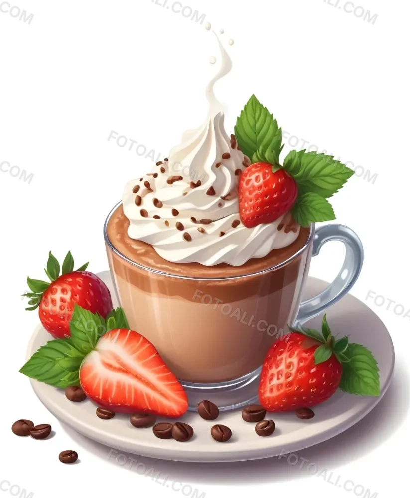 A Cup Of Hot Chocolate Topped With Whipped Cream And Fresh Strawberries Surrounded By More Strawberries And Mint Leaves 94 77fa