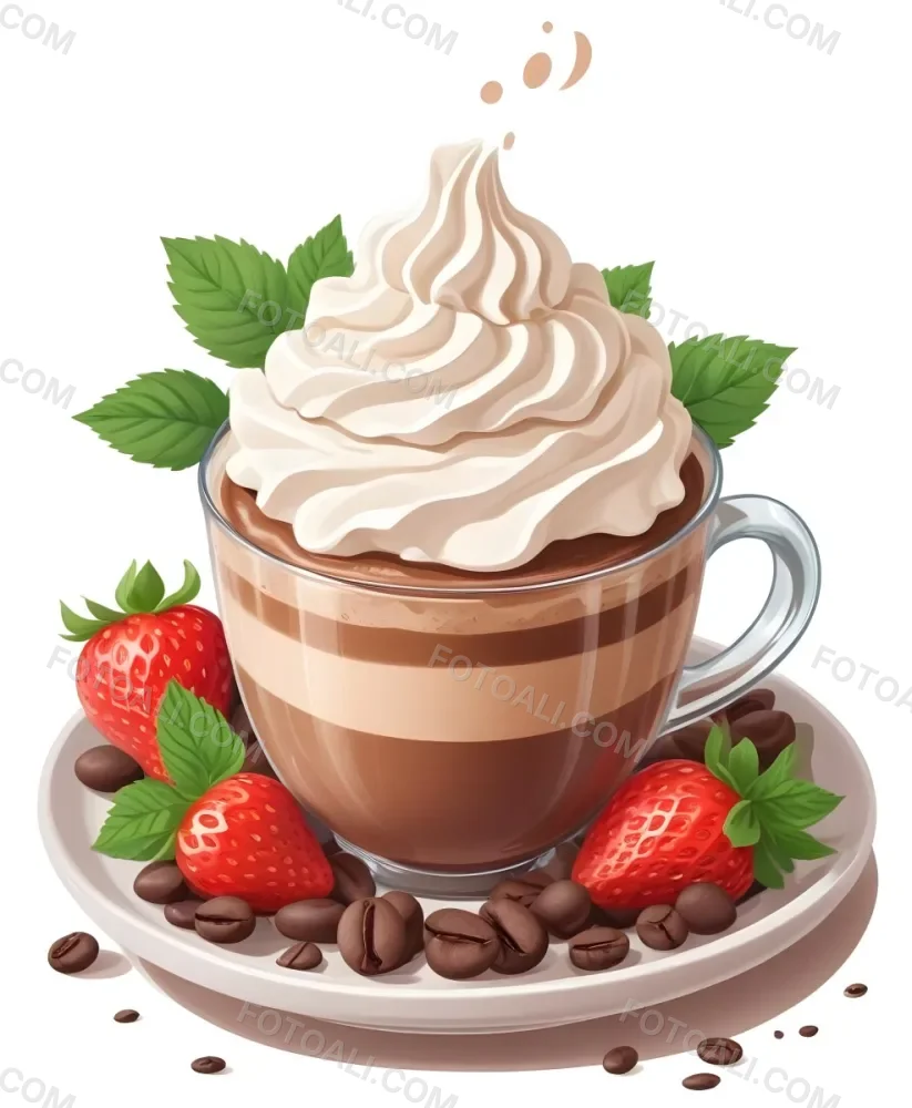 A Cup Of Hot Chocolate Topped With Whipped Cream And Fresh Strawberries Surrounded By More Strawberries And Mint Leaves 96 78dc