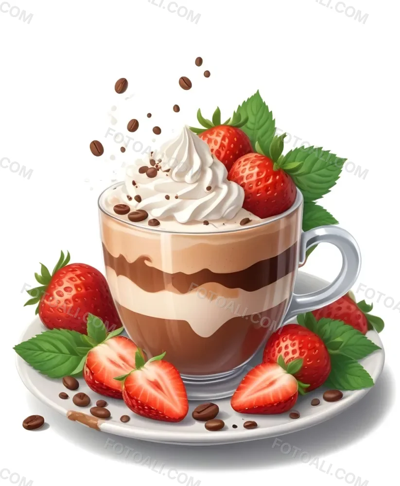 A Cup Of Hot Chocolate Topped With Whipped Cream And Fresh Strawberries Surrounded By More Strawberries And Mint Leaves 98 4648