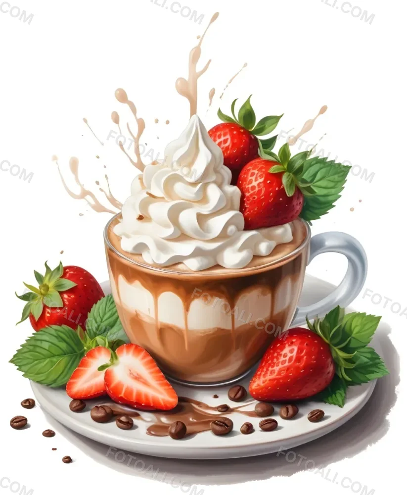 A Cup Of Hot Chocolate Topped With Whipped Cream And Fresh Strawberries Surrounded By More Strawberries And Mint Leaves 99 63cd