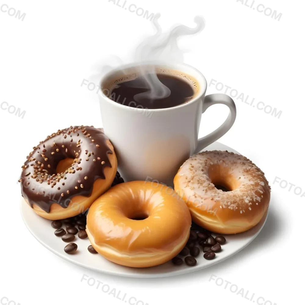 A Cup Of Hot Coffee With Steam Rising Accompanied By Several Freshly Baked Donuts On A Plate The Donuts Appear To Be Glazed And Dusted With Powdered Sugar 1 4e36