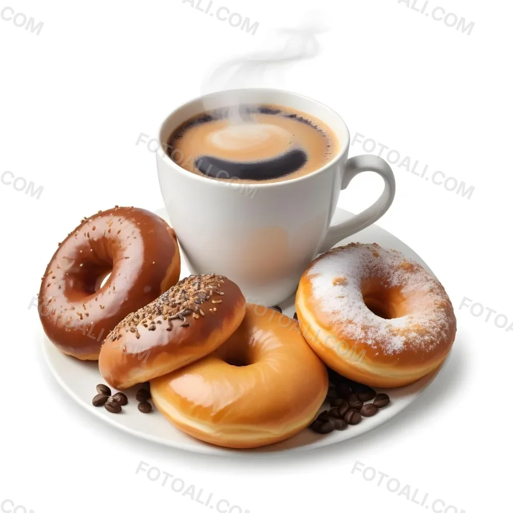 A Cup Of Hot Coffee With Steam Rising Accompanied By Several Freshly Baked Donuts On A Plate The Donuts Appear To Be Glazed And Dusted With Powdered Sugar 2 900d