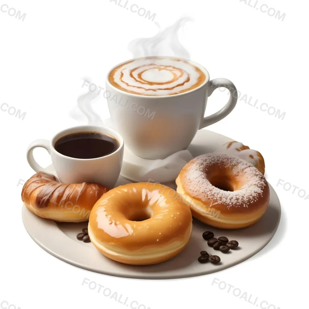 A Cup Of Hot Coffee With Steam Rising Accompanied By Several Freshly Baked Donuts On A Plate The Donuts Appear To Be Glazed And Dusted With Powdered Sugar 3 8a65