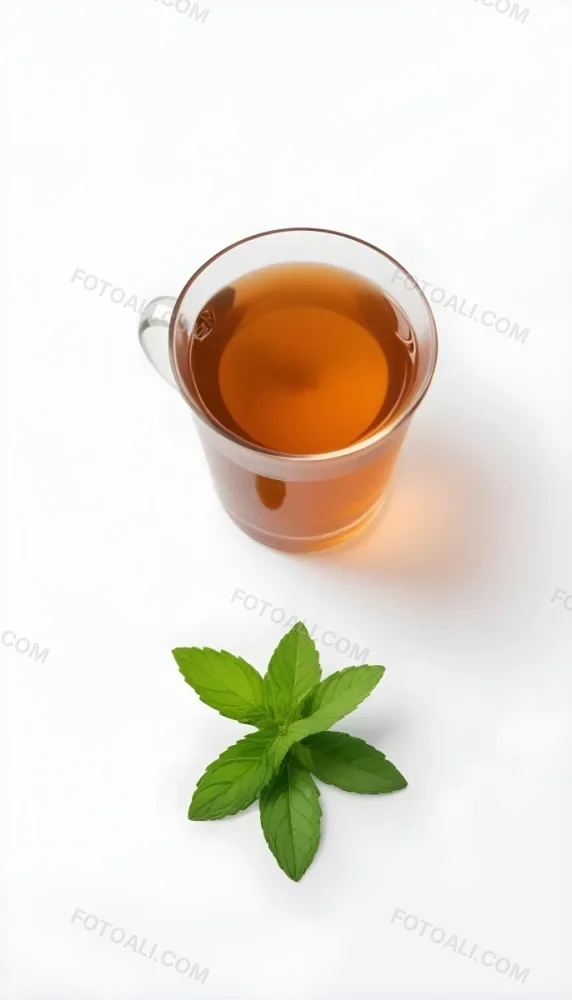 A Cup Of Tea With A Mint Leaf Inside Another Mint Leaf Outside The Cup White Background 14 493e