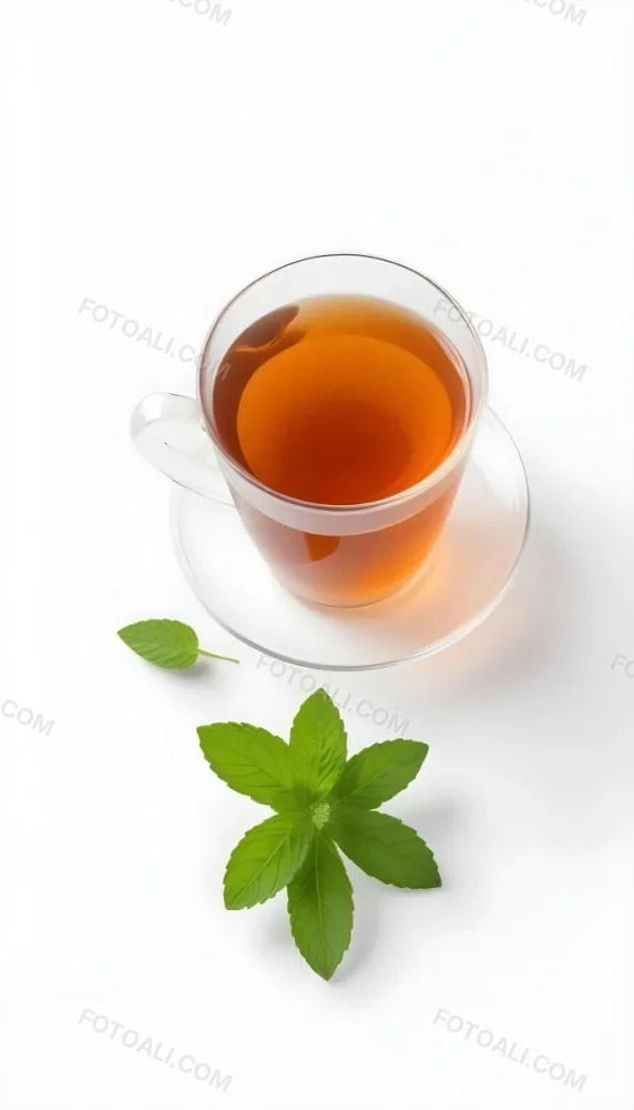 A Cup Of Tea With A Mint Leaf Inside Another Mint Leaf Outside The Cup White Background 17 7c2f