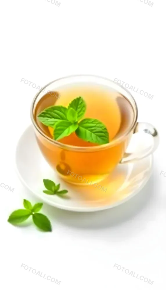 A Cup Of Tea With A Mint Leaf Inside Another Mint Leaf Outside The Cup White Background 2 8de5