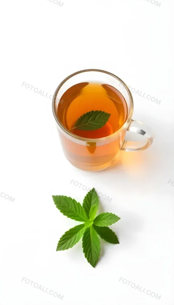A Cup Of Tea With A Mint Leaf Inside Another Mint Leaf Outside The Cup White Background 20 Ef6c