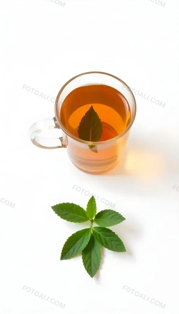 A Cup Of Tea With A Mint Leaf Inside Another Mint Leaf Outside The Cup White Background 29 Aee3