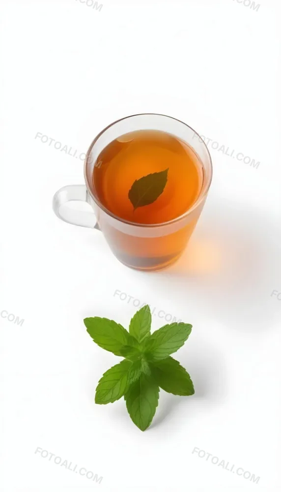 A Cup Of Tea With A Mint Leaf Inside Another Mint Leaf Outside The Cup White Background 6 583e