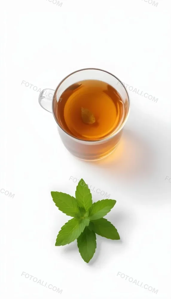 A Cup Of Tea With A Mint Leaf Inside Another Mint Leaf Outside The Cup White Background 7 4f9b