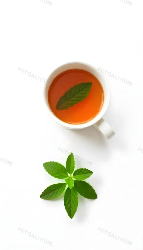 A Cup Of Tea With A Mint Leaf Inside Another Mint Leaf Outside The Cup White Background 7 656f