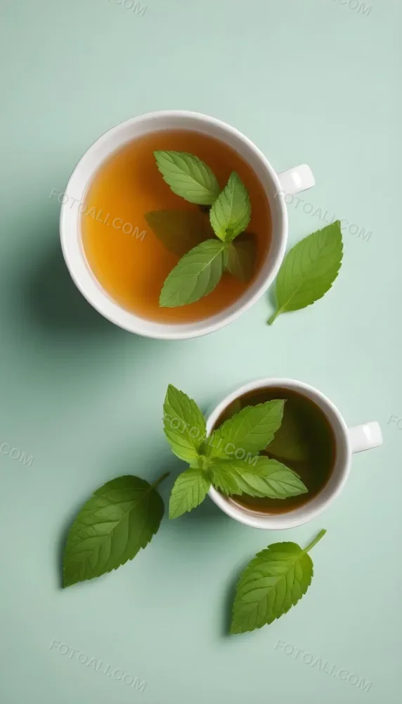 A Cup Of Tea With A Mint Leaf Inside Another Mint Leaf Outside The Cup White Background 7 8382