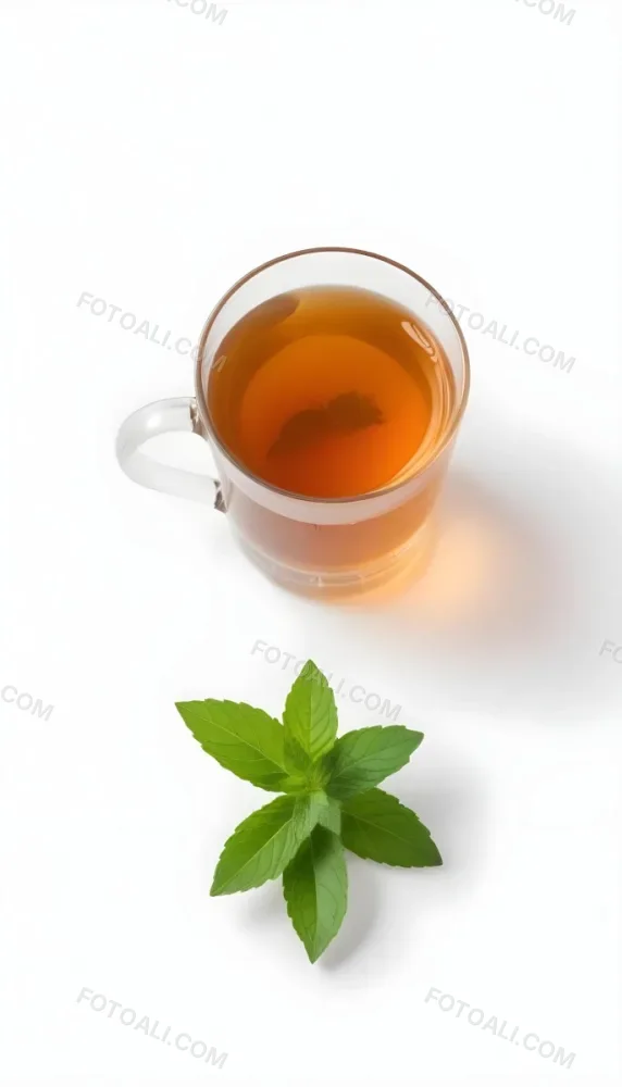 A Cup Of Tea With A Mint Leaf Inside Another Mint Leaf Outside The Cup White Background 9 D350