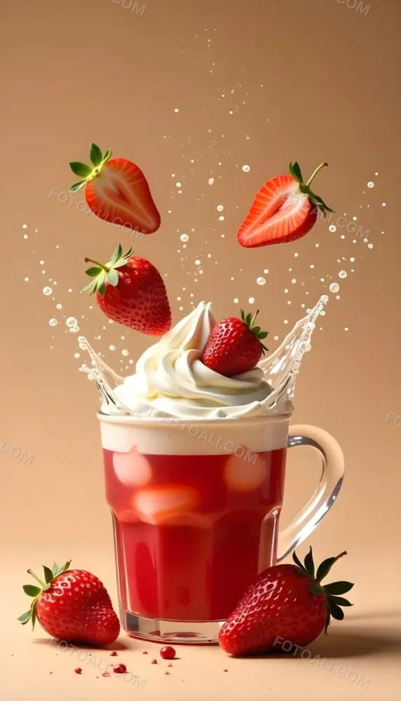 A Cup Of Water With Whipped Cream And Strawberries Water Splash Beige Background Studio Shot Product Photography High Resolution Hyper Detailed 8k 11 8ac5