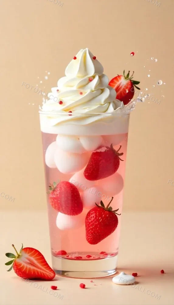 A Cup Of Water With Whipped Cream And Strawberries Water Splash Beige Background Studio Shot Product Photography High Resolution Hyper Detailed 8k 13 2b3c