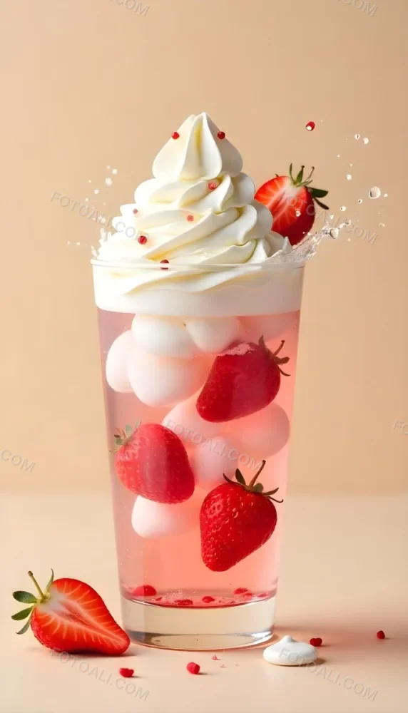 A Cup Of Water With Whipped Cream And Strawberries Water Splash Beige Background Studio Shot Product Photography High Resolution Hyper Detailed 8k 14 063b