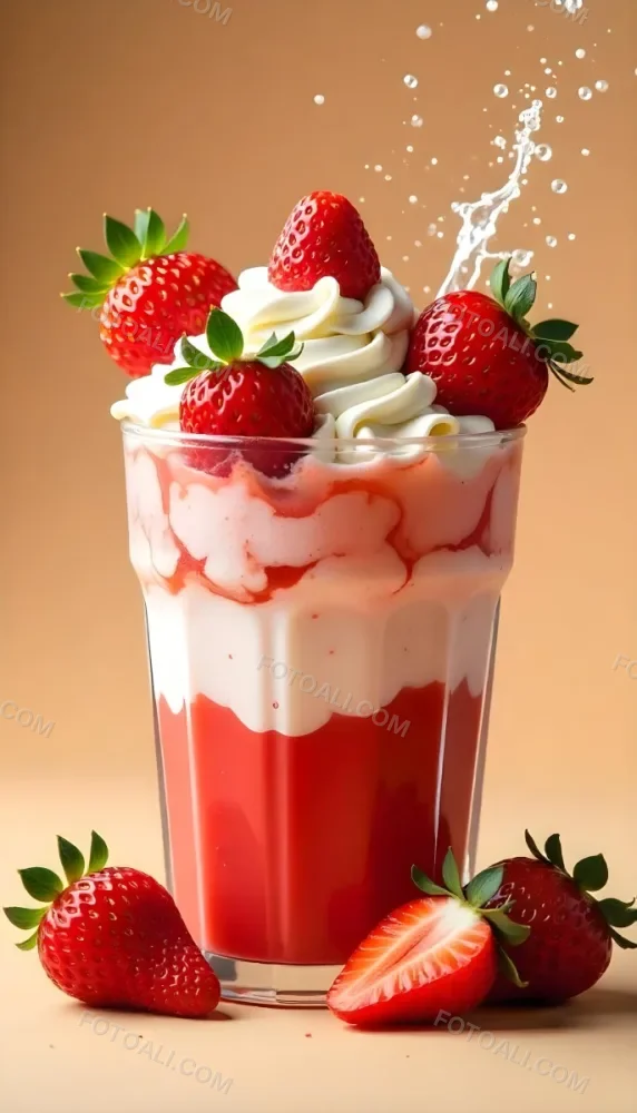 A Cup Of Water With Whipped Cream And Strawberries Water Splash Beige Background Studio Shot Product Photography High Resolution Hyper Detailed 8k 20 008a