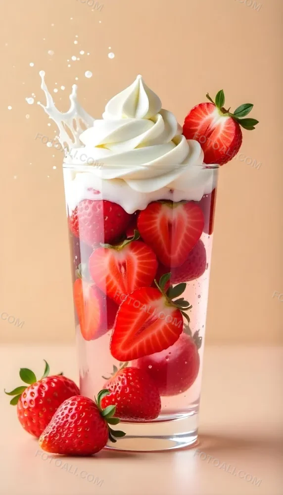 A Cup Of Water With Whipped Cream And Strawberries Water Splash Beige Background Studio Shot Product Photography High Resolution Hyper Detailed 8k 21 C91e
