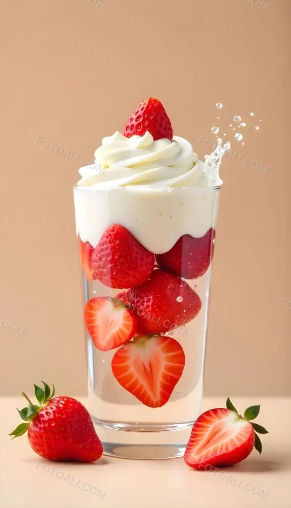 A Cup Of Water With Whipped Cream And Strawberries Water Splash Beige Background Studio Shot Product Photography High Resolution Hyper Detailed 8k 29 04fd