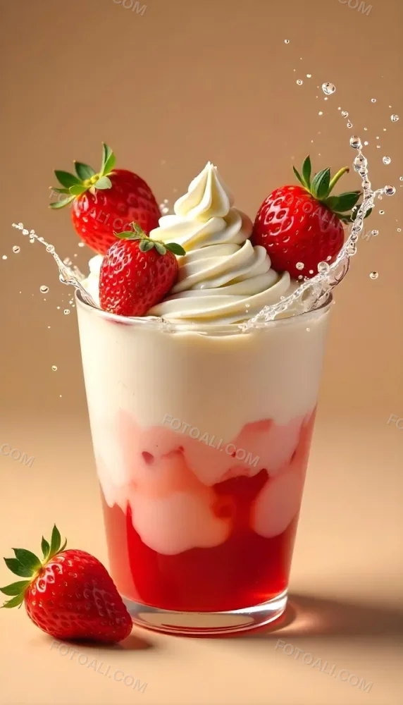A Cup Of Water With Whipped Cream And Strawberries Water Splash Beige Background Studio Shot Product Photography High Resolution Hyper Detailed 8k 3 E26a