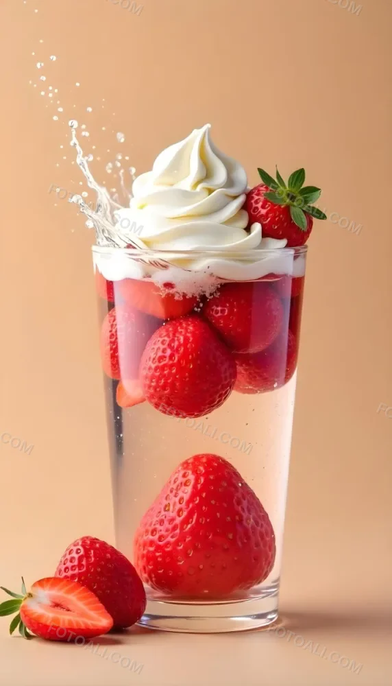 A Cup Of Water With Whipped Cream And Strawberries Water Splash Beige Background Studio Shot Product Photography High Resolution Hyper Detailed 8k 32 07bd