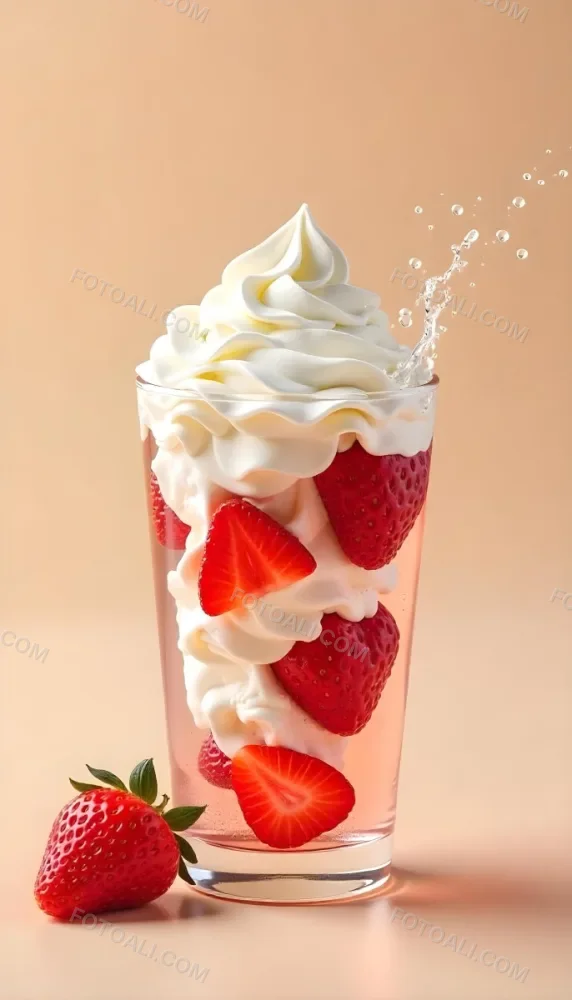 A Cup Of Water With Whipped Cream And Strawberries Water Splash Beige Background Studio Shot Product Photography High Resolution Hyper Detailed 8k 35 6b60