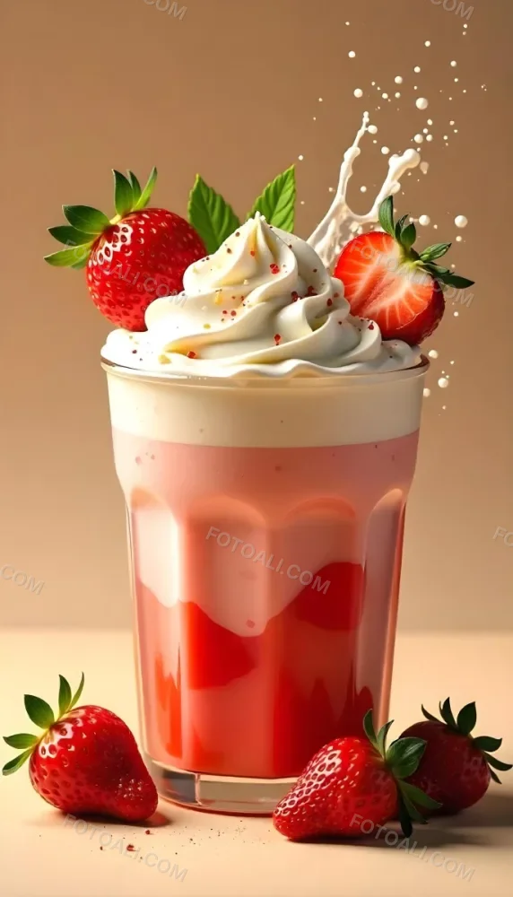 A Cup Of Water With Whipped Cream And Strawberries Water Splash Beige Background Studio Shot Product Photography High Resolution Hyper Detailed 8k 4 9fe2