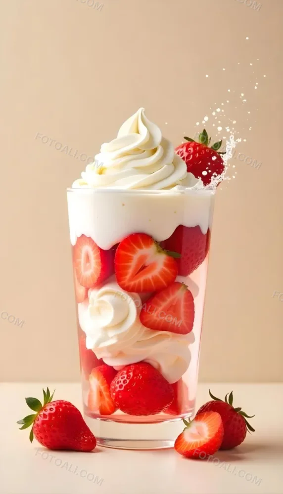 A Cup Of Water With Whipped Cream And Strawberries Water Splash Beige Background Studio Shot Product Photography High Resolution Hyper Detailed 8k 5 6eee