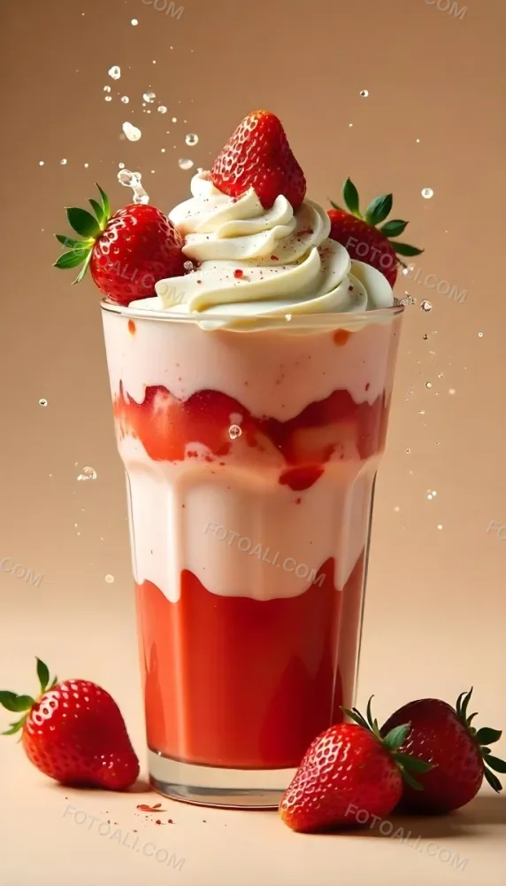 A Cup Of Water With Whipped Cream And Strawberries Water Splash Beige Background Studio Shot Product Photography High Resolution Hyper Detailed 8k 6 Fbfc