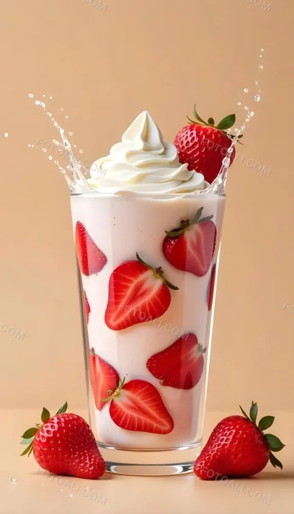 A Cup Of Water With Whipped Cream And Strawberries Water Splash Beige Background Studio Shot Product Photography High Resolution Hyper Detailed 8k 7 3c9e