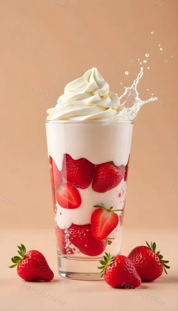 A Cup Of Water With Whipped Cream And Strawberries Water Splash Beige Background Studio Shot Product Photography High Resolution Hyper Detailed 8k 8 A718