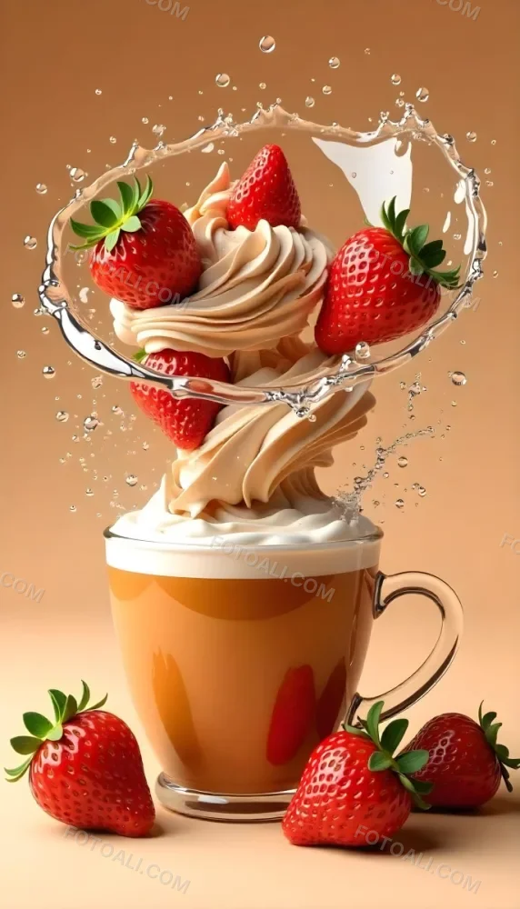 A Cup Of Water With Whipped Cream And Strawberries Water Splash Brown Background Studio Shot Food Photography High Detail Realistic Rendering Vibrant Colors Delicious Appetizing 10 0d7f