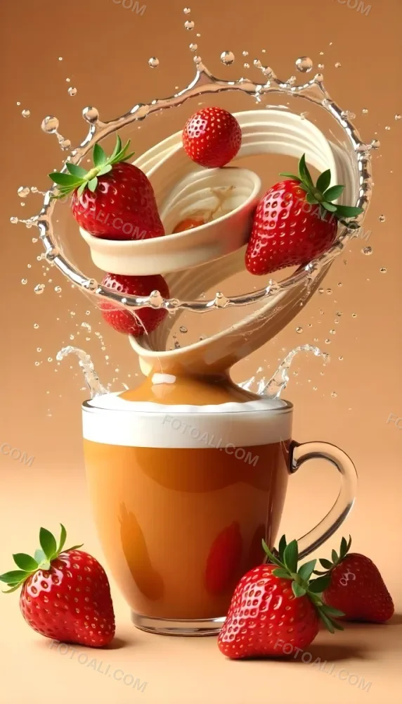 A Cup Of Water With Whipped Cream And Strawberries Water Splash Brown Background Studio Shot Food Photography High Detail Realistic Rendering Vibrant Colors Delicious Appetizing 12 9ebf