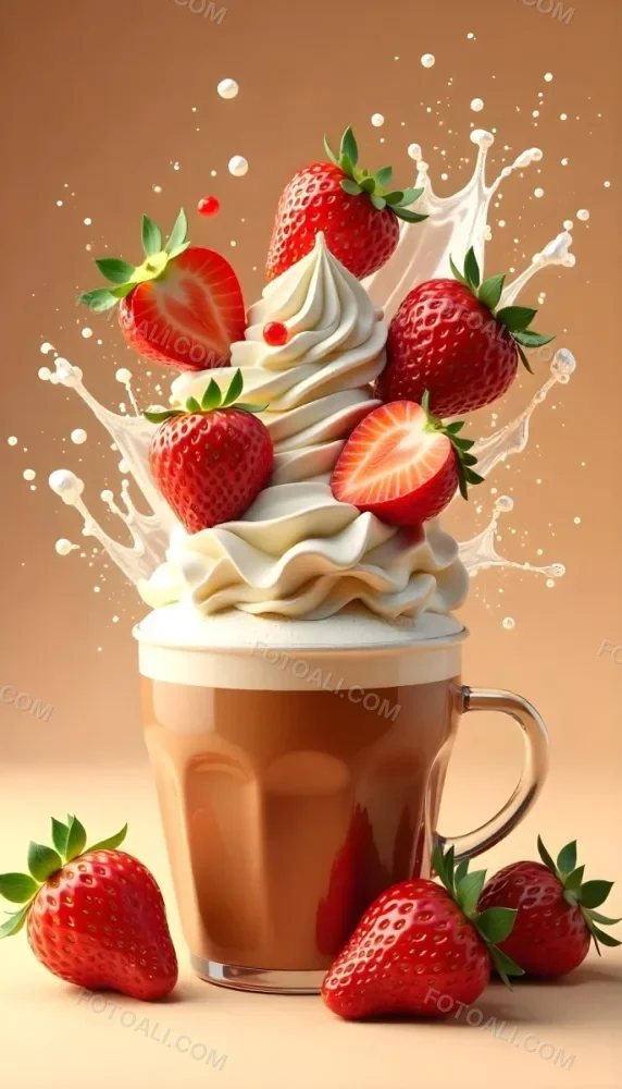 A Cup Of Water With Whipped Cream And Strawberries Water Splash Brown Background Studio Shot Food Photography High Detail Realistic Rendering Vibrant Colors Delicious Appetizing 16 8f00