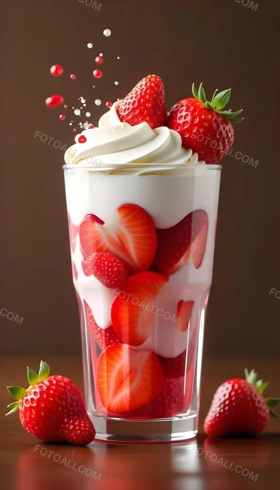A Cup Of Water With Whipped Cream And Strawberries Water Splash Brown Background Studio Shot Food Photography High Detail Realistic Rendering Vibrant Colors Delicious Appetizing 17 2c97