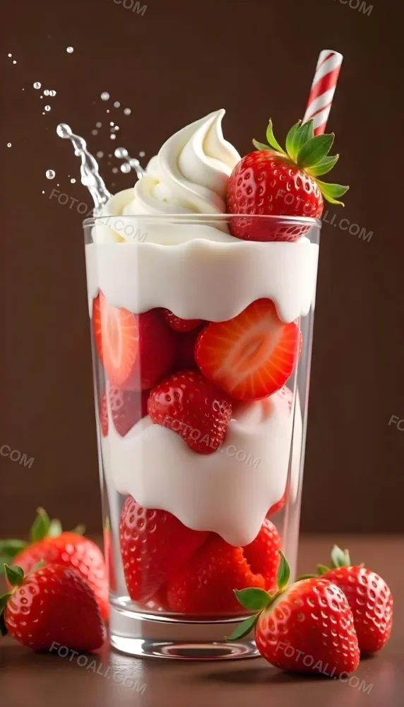 A Cup Of Water With Whipped Cream And Strawberries Water Splash Brown Background Studio Shot Food Photography High Detail Realistic Rendering Vibrant Colors Delicious Appetizing 19 7a93
