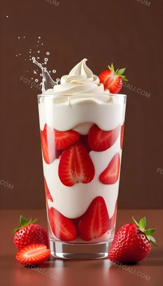 A Cup Of Water With Whipped Cream And Strawberries Water Splash Brown Background Studio Shot Food Photography High Detail Realistic Rendering Vibrant Colors Delicious Appetizing 2 67b3