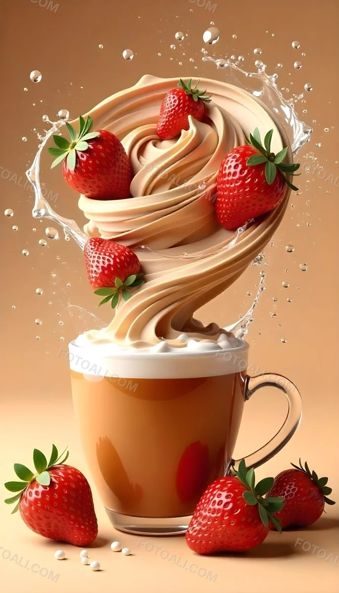 A Cup Of Water With Whipped Cream And Strawberries Water Splash Brown Background Studio Shot Food Photography High Detail Realistic Rendering Vibrant Colors Delicious Appetizing 22 D2cf