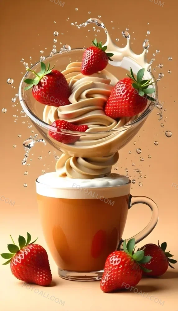 A Cup Of Water With Whipped Cream And Strawberries Water Splash Brown Background Studio Shot Food Photography High Detail Realistic Rendering Vibrant Colors Delicious Appetizing 24 3a56