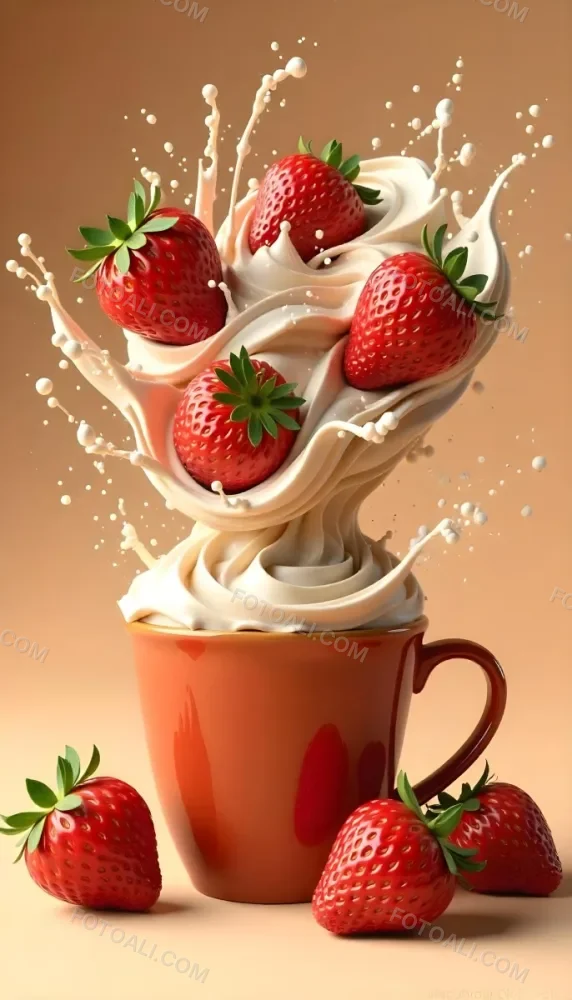 A Cup Of Water With Whipped Cream And Strawberries Water Splash Brown Background Studio Shot Food Photography High Detail Realistic Rendering Vibrant Colors Delicious Appetizing 26 6d25