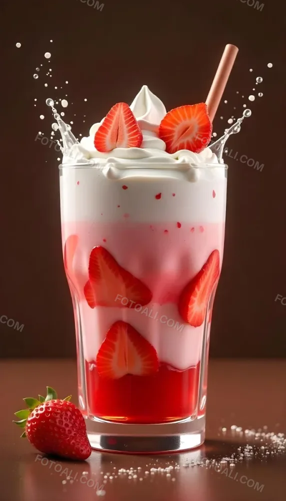 A Cup Of Water With Whipped Cream And Strawberries Water Splash Brown Background Studio Shot Food Photography High Detail Realistic Rendering Vibrant Colors Delicious Appetizing 27 Bf1f