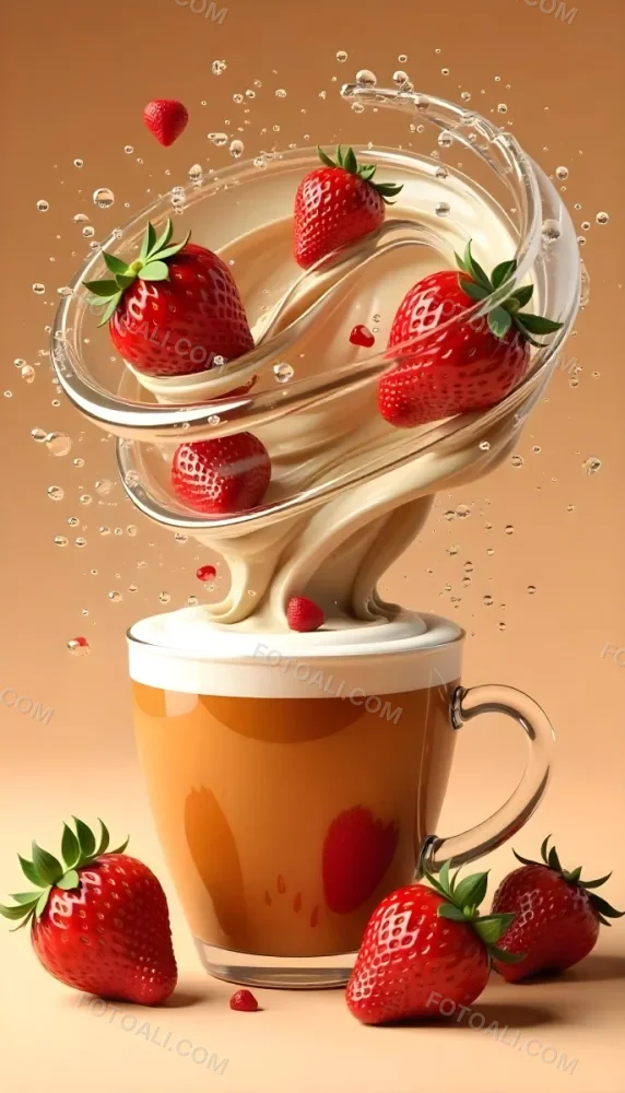 A Cup Of Water With Whipped Cream And Strawberries Water Splash Brown Background Studio Shot Food Photography High Detail Realistic Rendering Vibrant Colors Delicious Appetizing 28 4c48