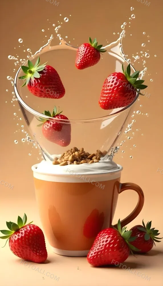 A Cup Of Water With Whipped Cream And Strawberries Water Splash Brown Background Studio Shot Food Photography High Detail Realistic Rendering Vibrant Colors Delicious Appetizing 30 1ba6